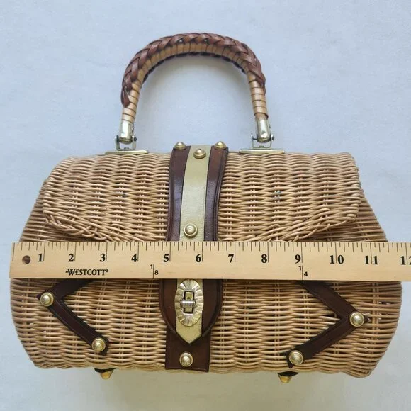 Vintage 1960's Woven Plastic Wicker Handbag Purse Leather Retro Cottagecore Cute - Picture 8 of 16